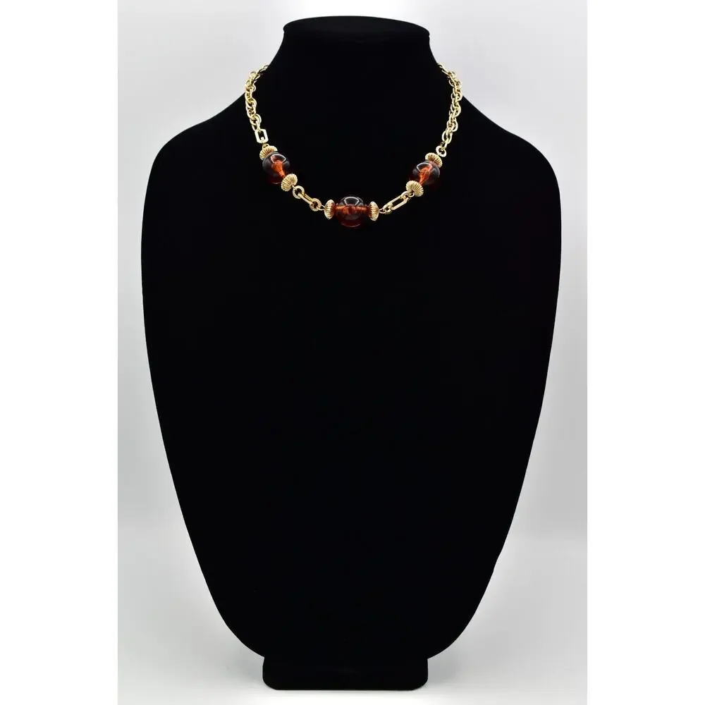 Vintage Collar Necklace Tortoise Station Gold Tone Chain Chunky 1980s BinBJ